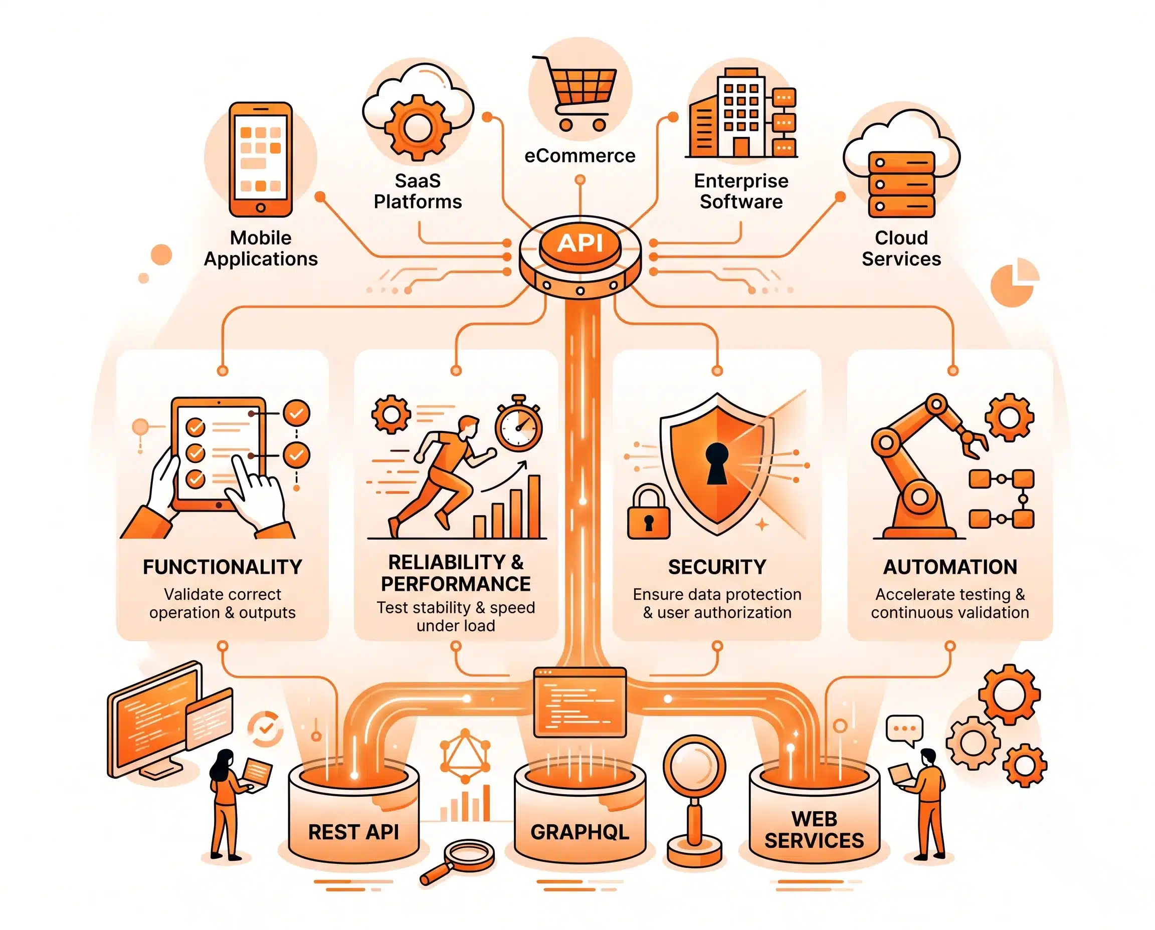 An orange and white infographic illustrating the core principles and processes of API Testing, spanning functionality, performance, security, and automation for modern software applications.