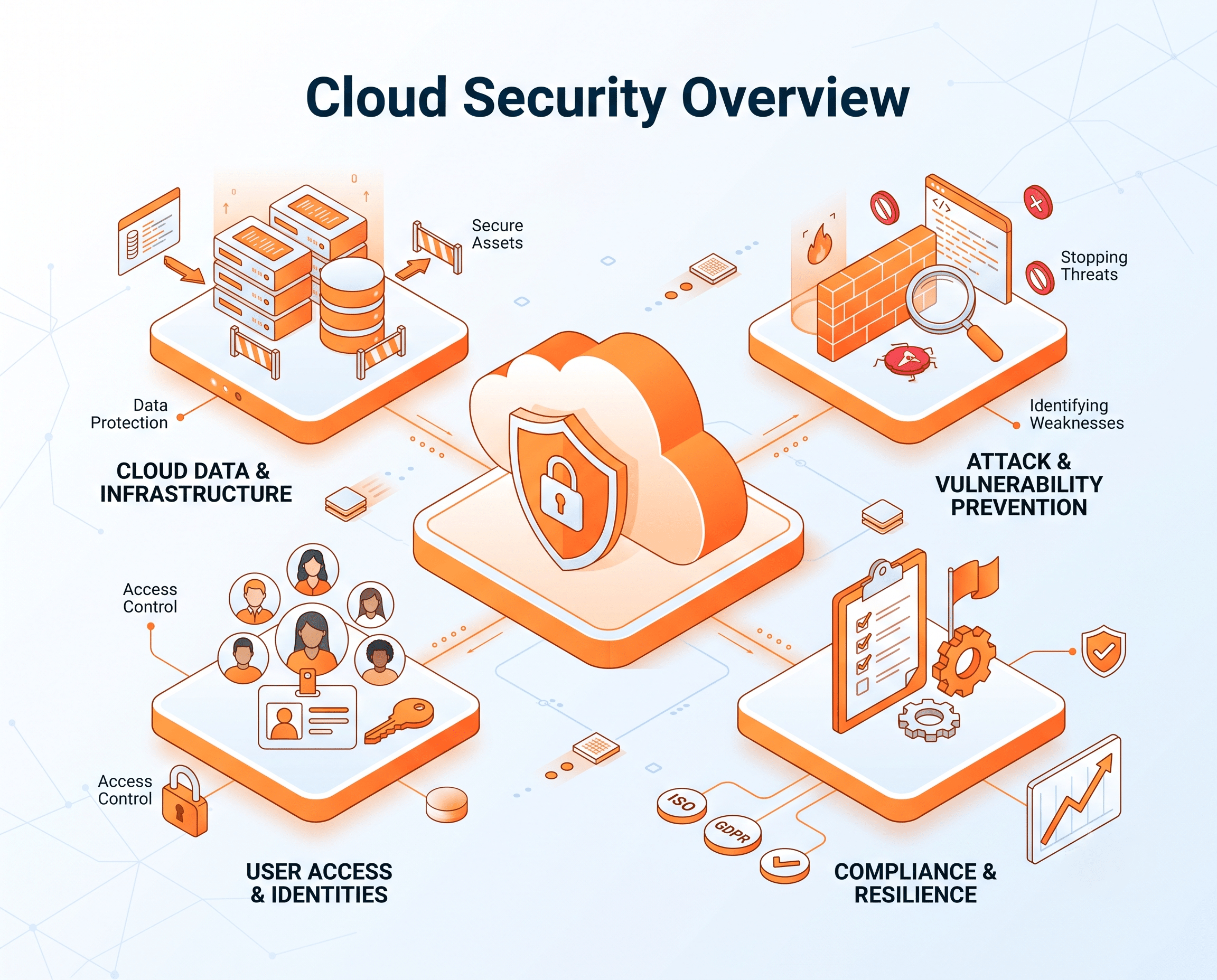 A comprehensive isometric infographic titled "Cloud Security Overview," illustrating key cloud security domains including data protection, threat prevention, identity management, and compliance, centered around a protected cloud.